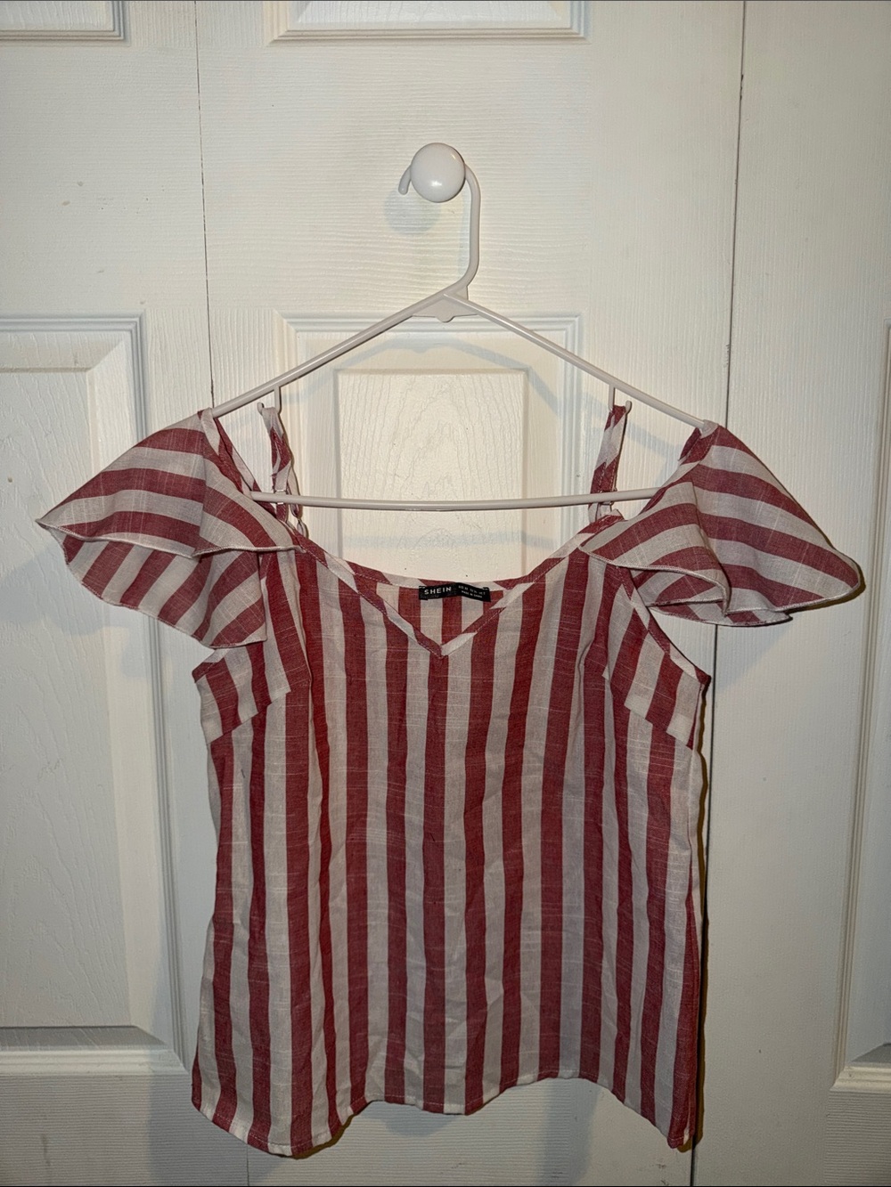 SHEIN Red and White Striped Cold-Shoulder Blouse